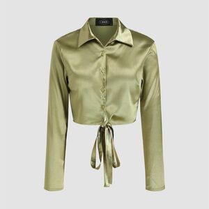 Olive Green Satin Tie-Front Top